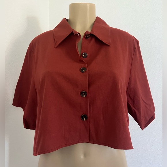 See U Soon Rust Red Cropped Button-Up Shirt | 100% Cotton | Size M - Picture 1 of 5